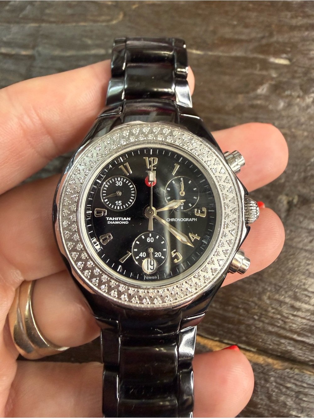 Michele Tahitian Diamond black ceramic chronograph watch with COA